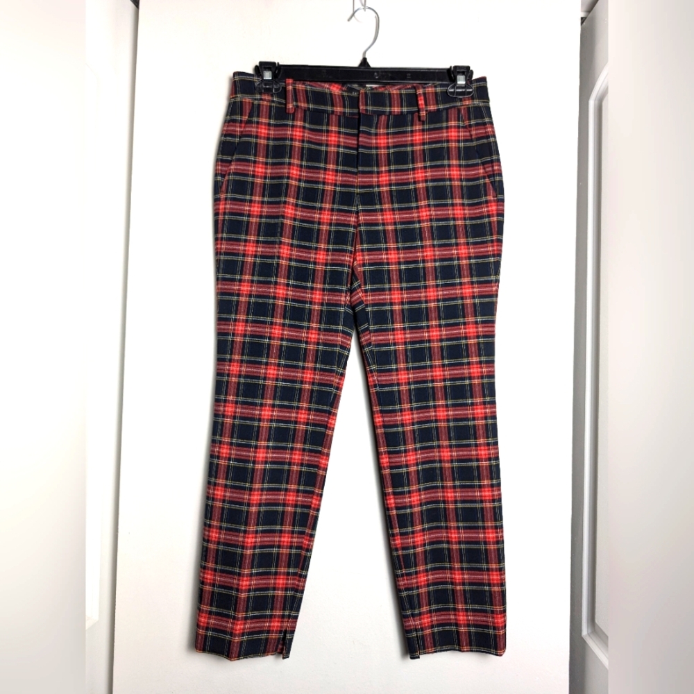 Zara plaid dress pants red black zipper sz 4 knit office holiday